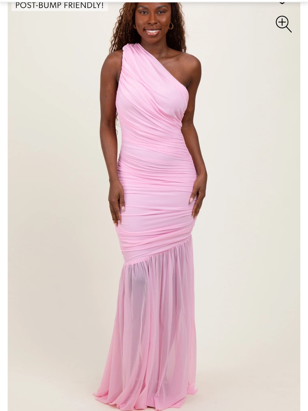 Light Pink Ruched Mesh One Shoulder Maxi Dress - Picture 2 of 4